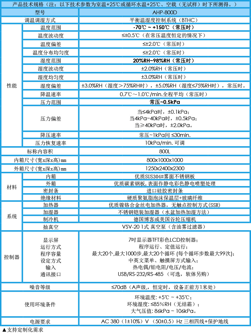 低氣壓試驗(yàn)箱 800L參數(shù)
